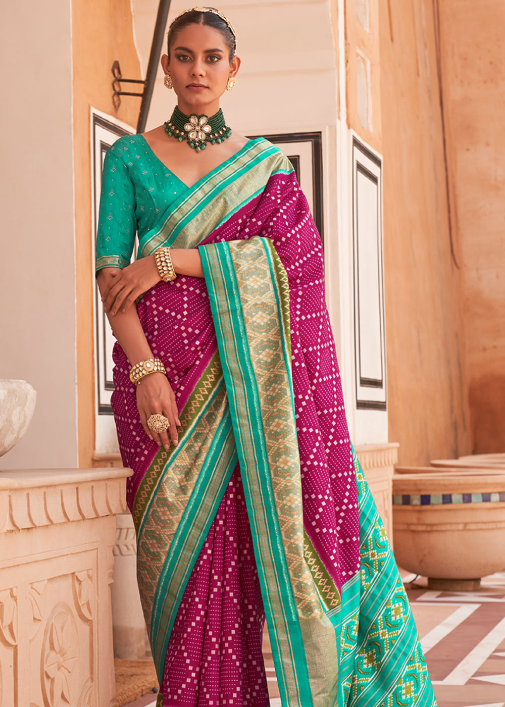 Buy MySilkLove Hibiscus Pink and Green Patola Silk Saree Online