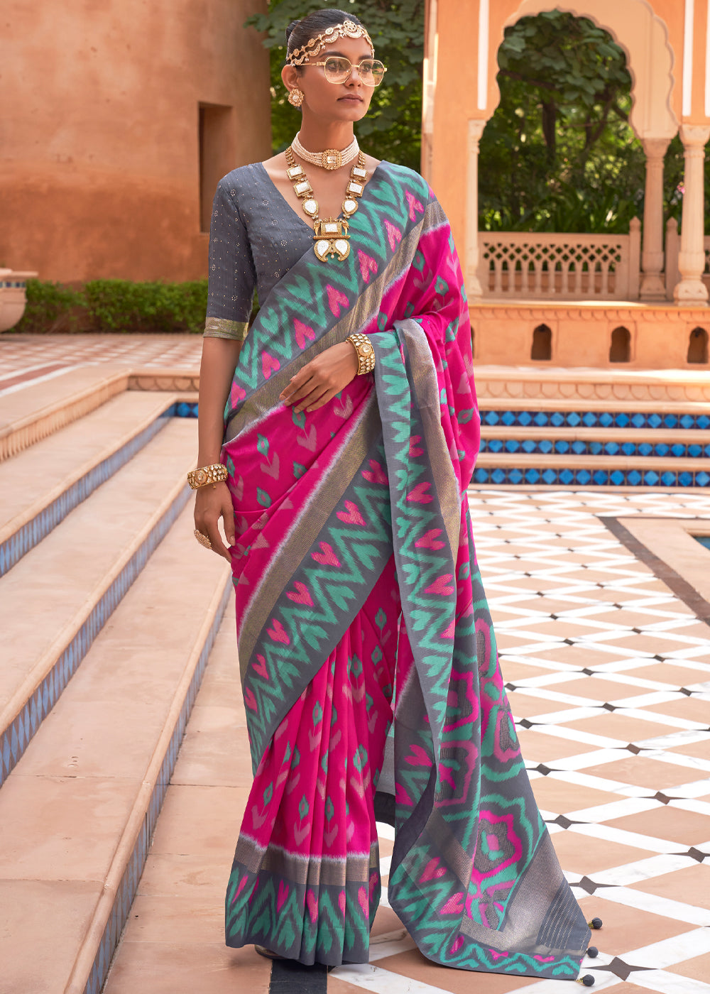 Buy MySilkLove Hot Pink and Grey Patola Silk Saree Online