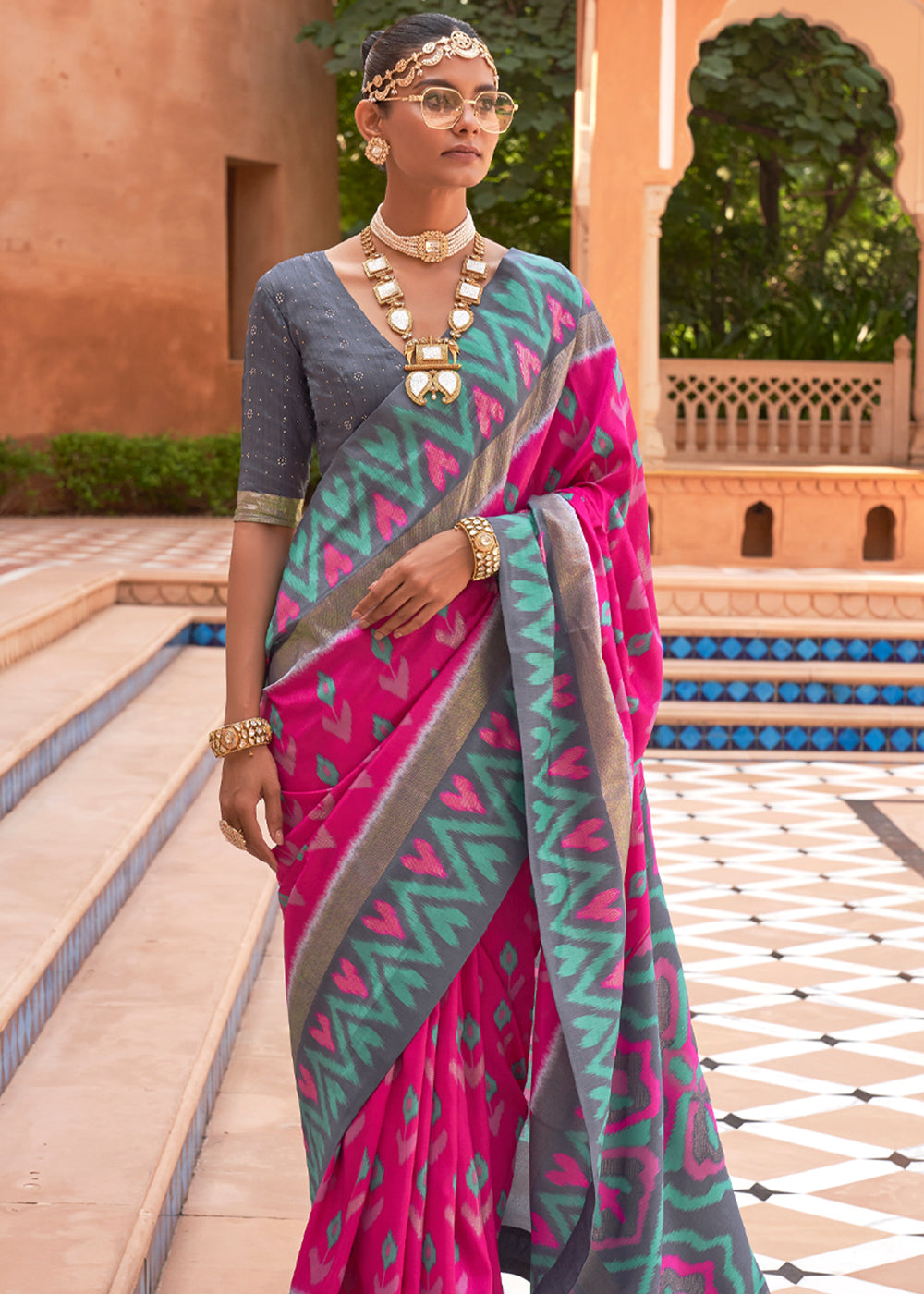 Buy MySilkLove Hot Pink and Grey Patola Silk Saree Online