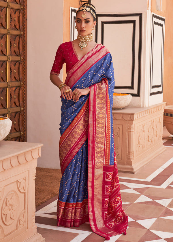 Scampi Blue and Red Patola Silk Saree