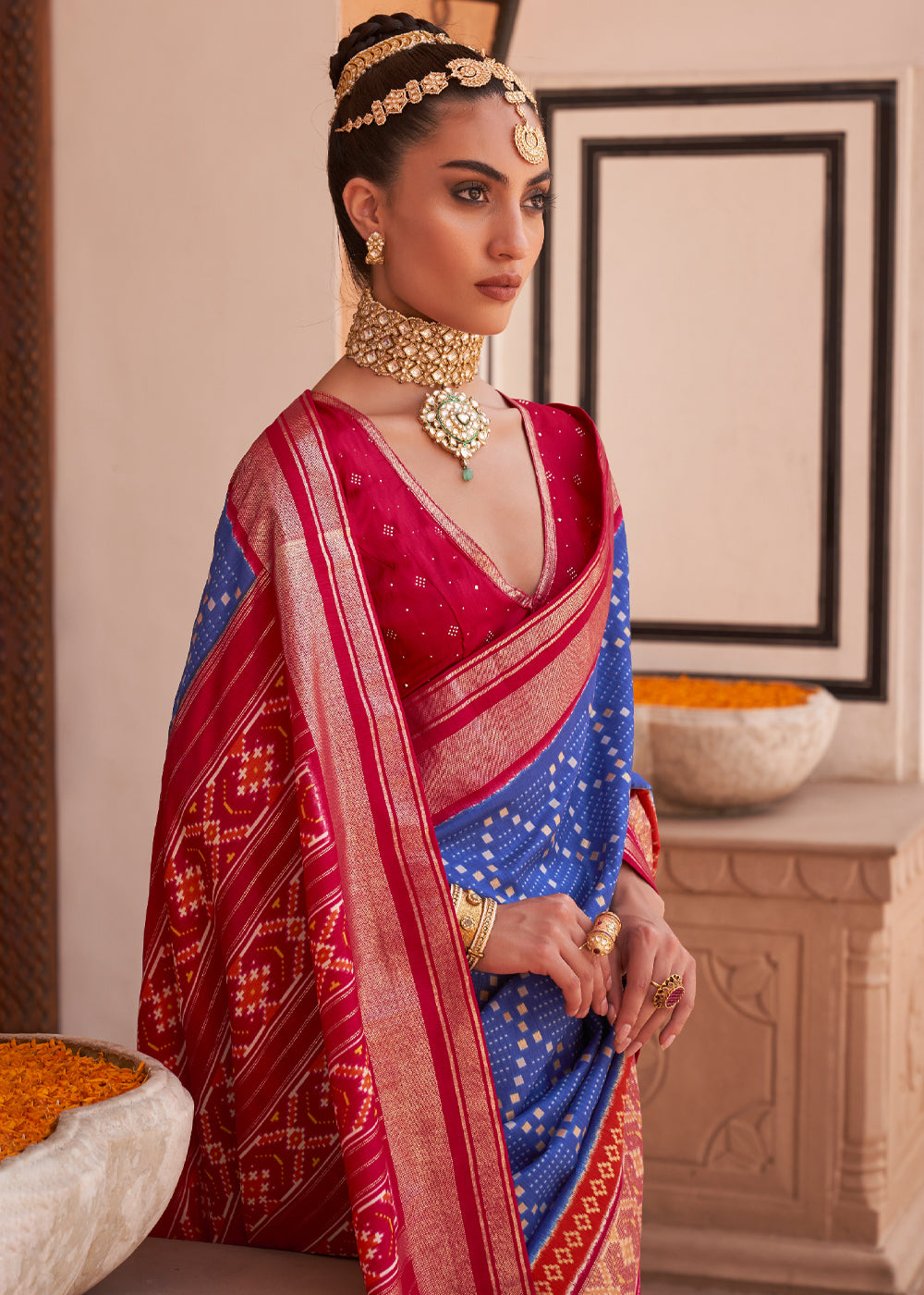 Buy MySilkLove Scampi Blue and Red Patola Silk Saree Online