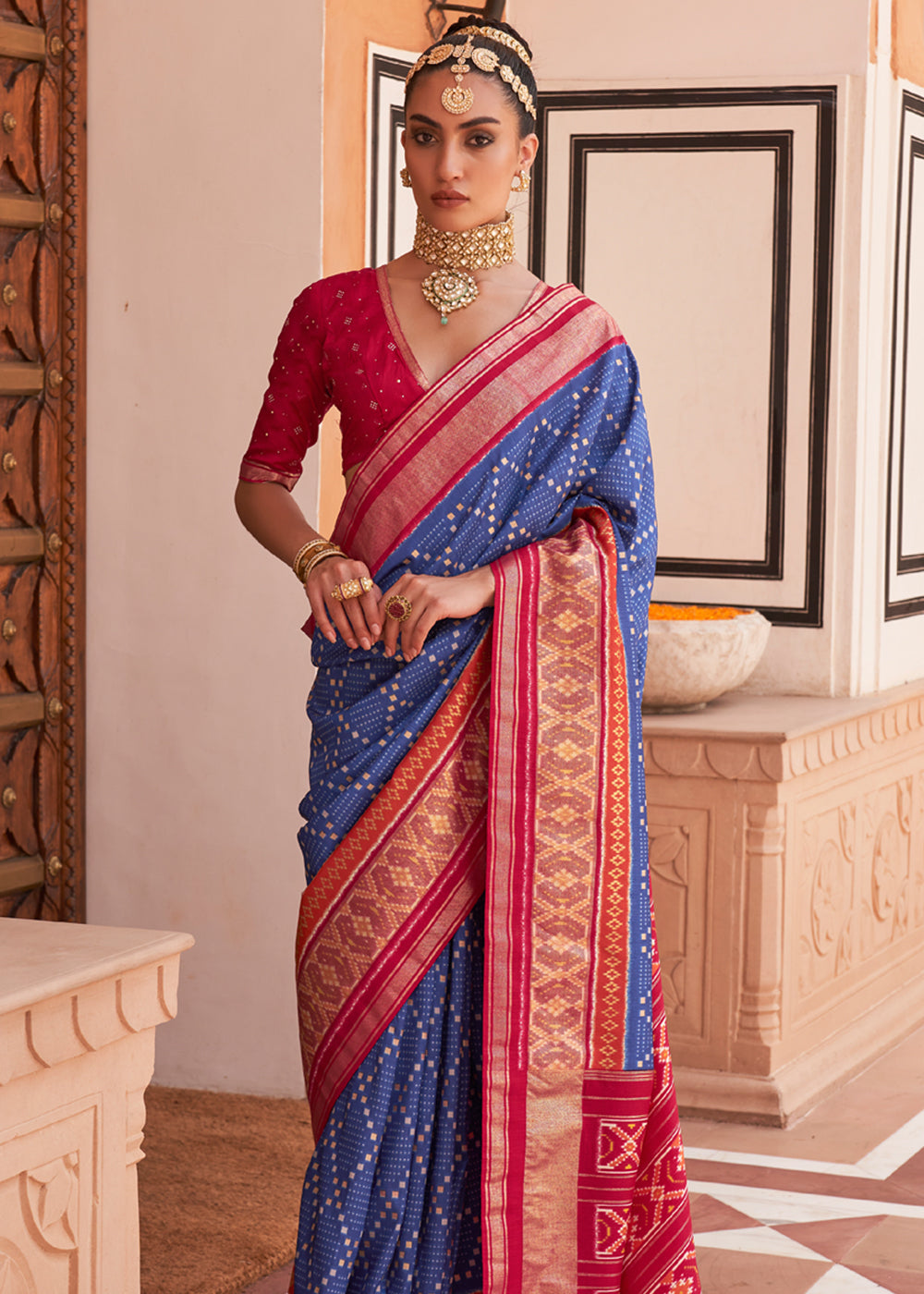 Buy MySilkLove Scampi Blue and Red Patola Silk Saree Online