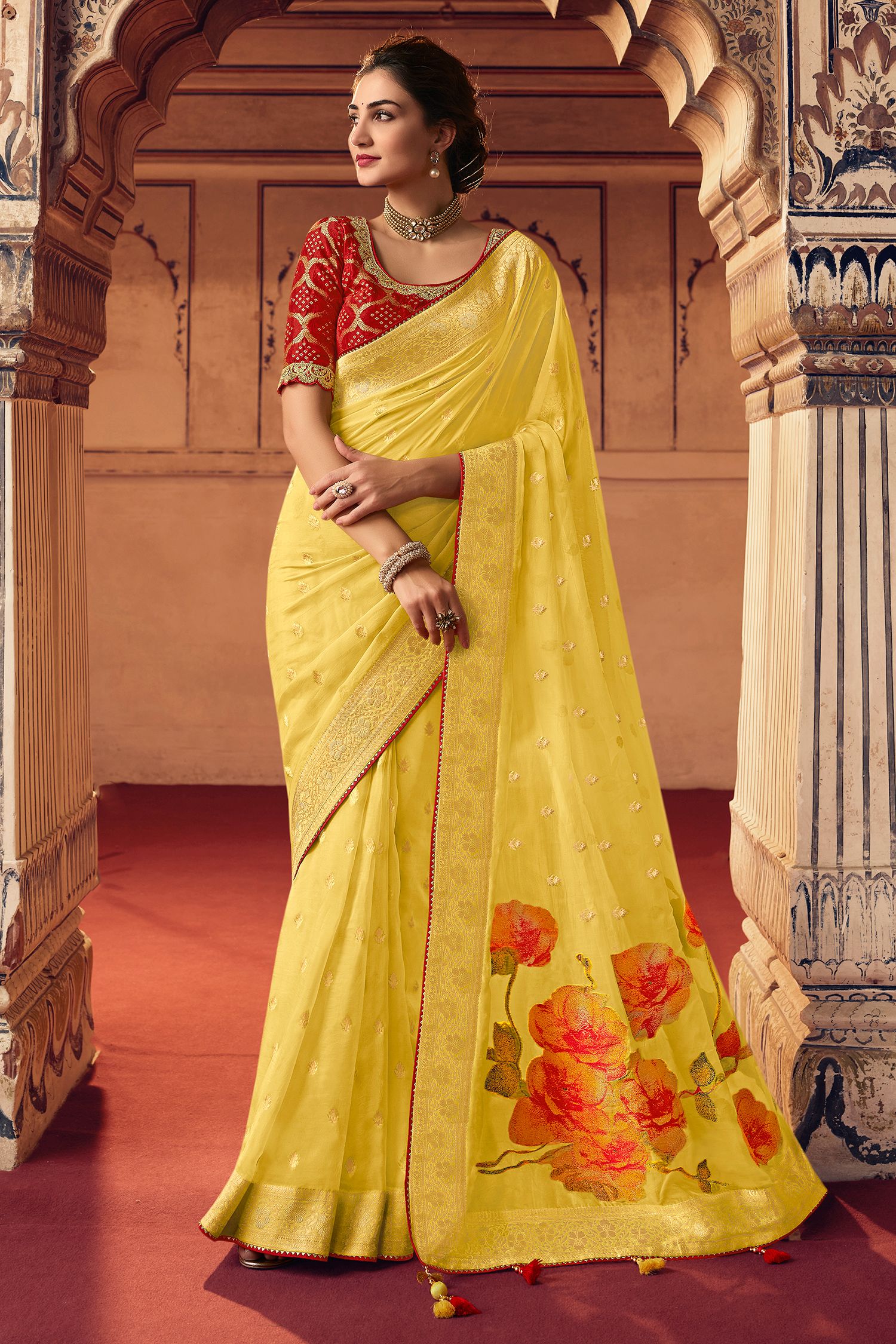 Buy MySilkLove Tulip Yellow and Red Organza Saree with Floral Print Online