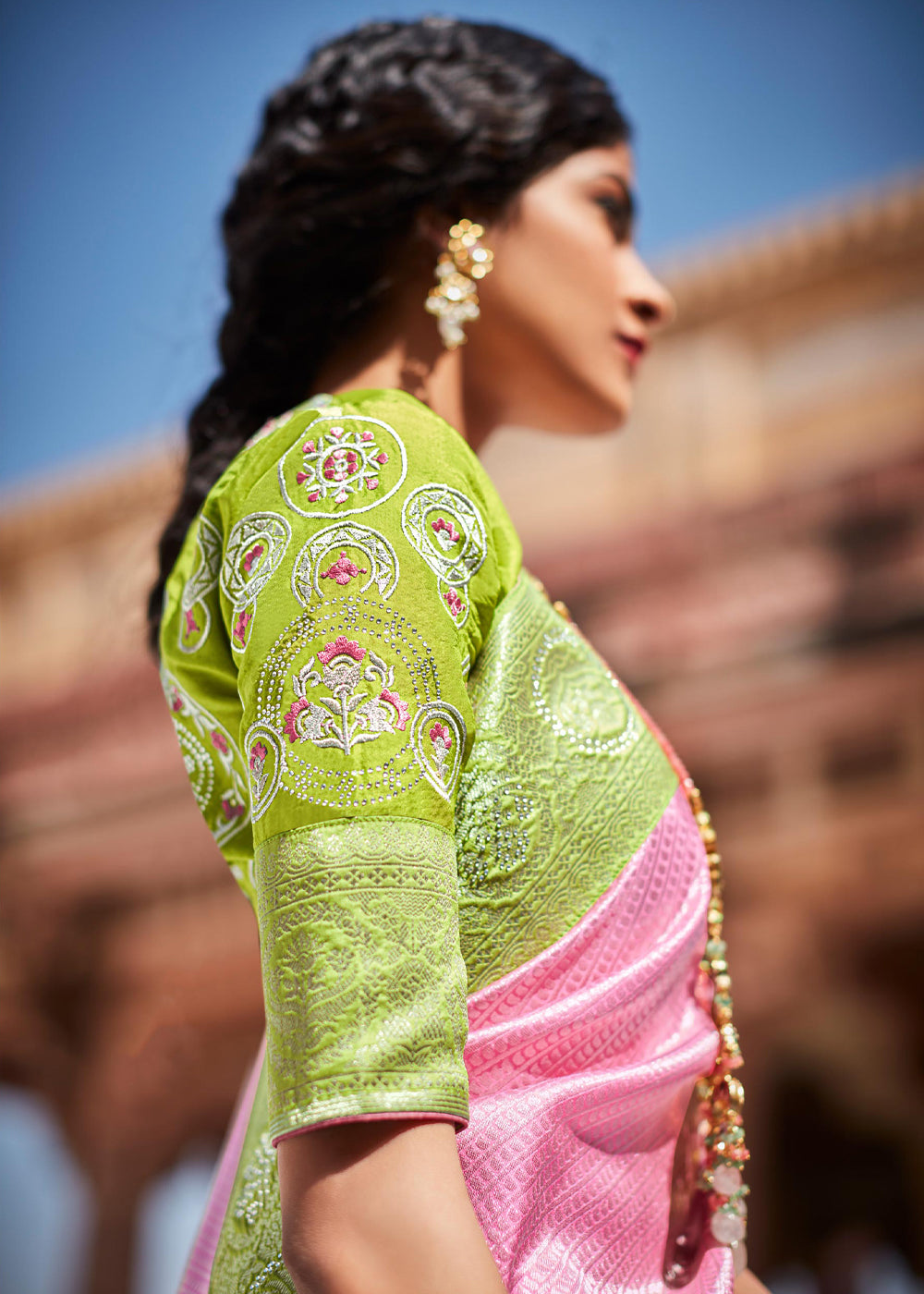 Buy MySilkLove Azalea Pink and Green Woven Banarasi Soft Silk Designer Saree Online