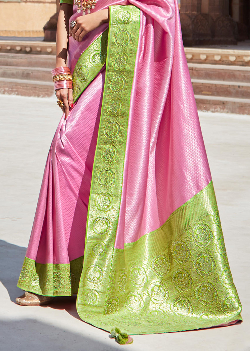 Buy MySilkLove Azalea Pink and Green Woven Banarasi Soft Silk Designer Saree Online