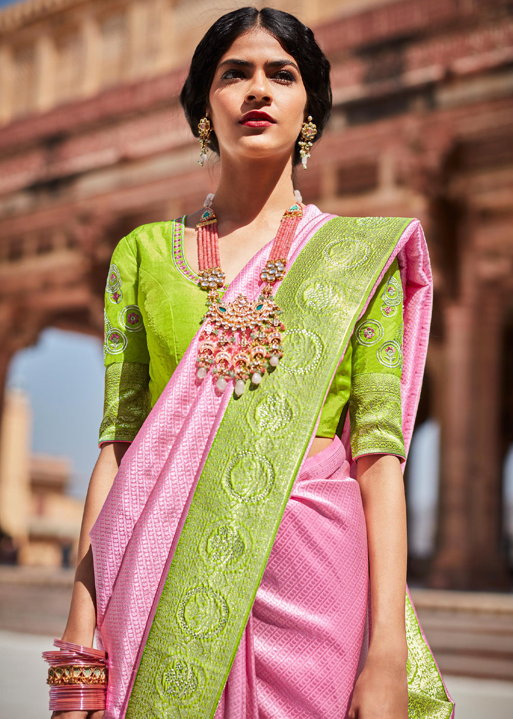 MySilkLove Azalea Pink and Green Woven Banarasi Soft Silk Designer Saree