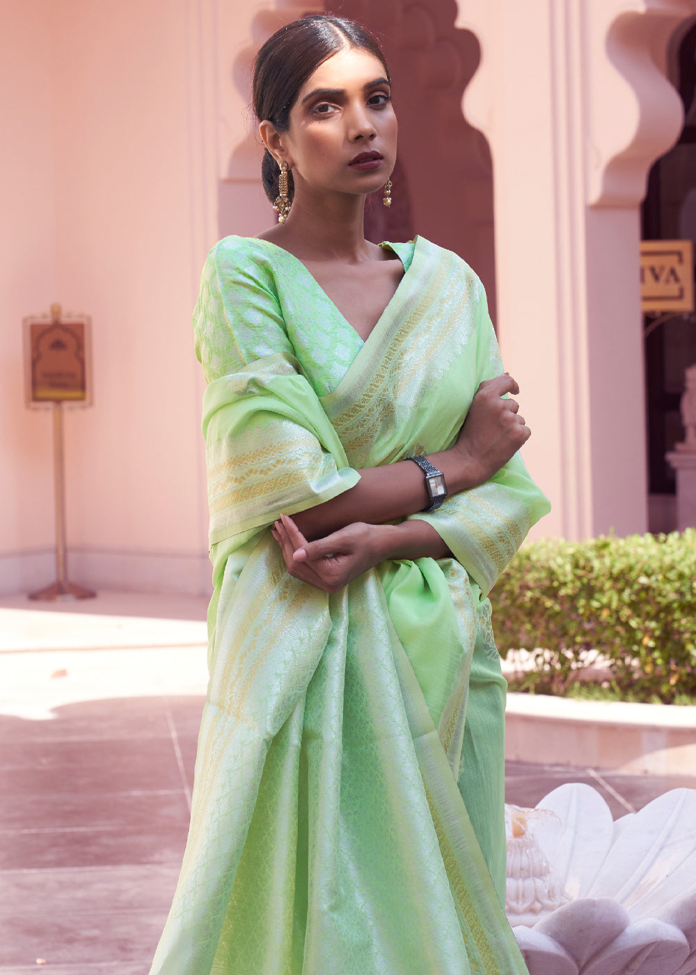 MySilkLove Swamp Green Woven Banarasi Linen Silk Saree