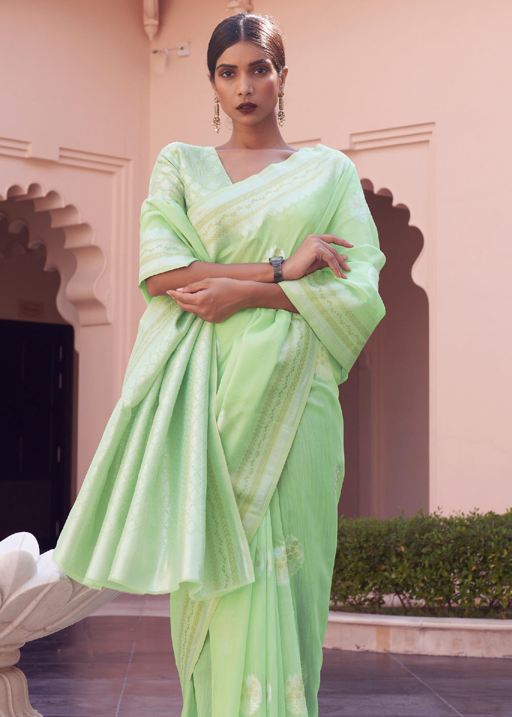 Buy MySilkLove Swamp Green Woven Banarasi Linen Silk Saree Online