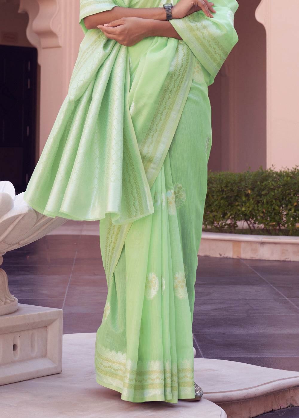 Buy MySilkLove Swamp Green Woven Banarasi Linen Silk Saree Online