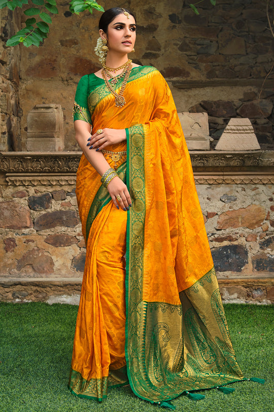 Buy MySilkLove California Yellow and Green Kanjivaram Saree Online