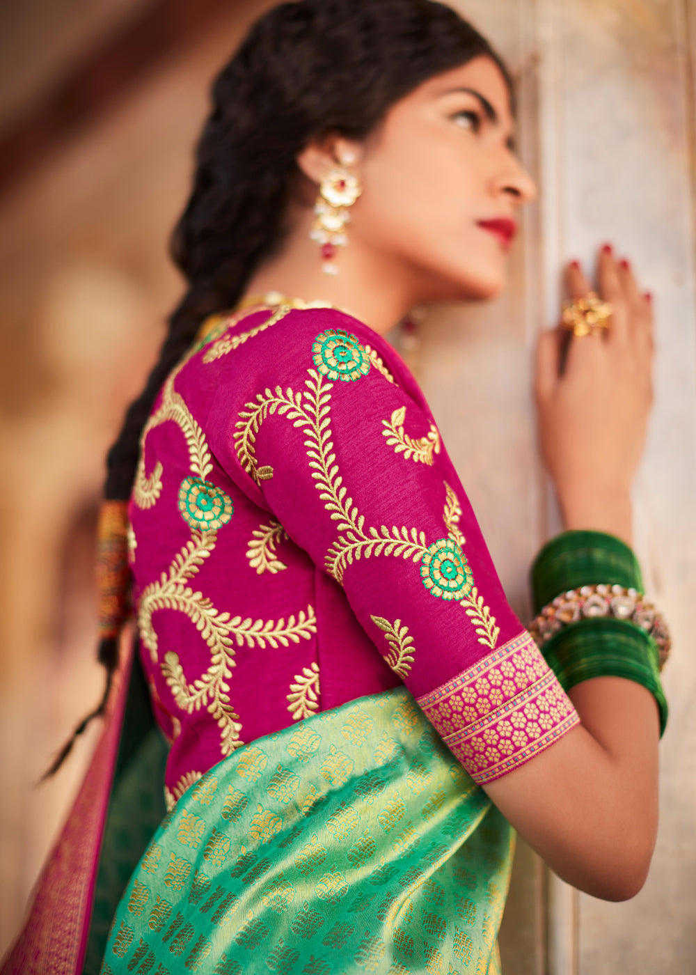 Buy MySilkLove Highland Green and Pink Woven Banarasi Soft Silk Designer Saree Online