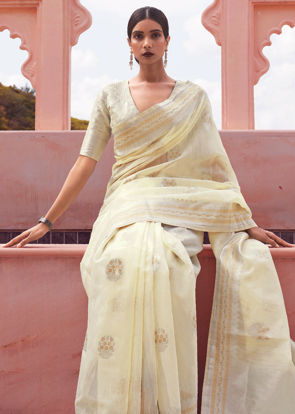 Buy MySilkLove Beige Cream Woven Banarasi Linen Silk Saree Online