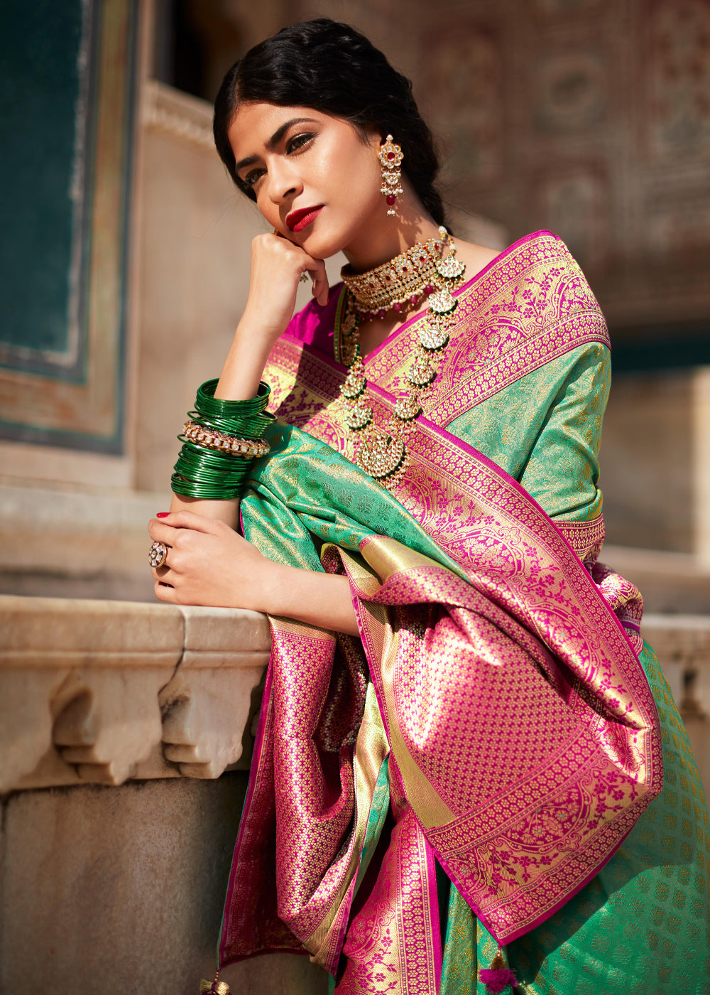 Buy MySilkLove Highland Green and Pink Woven Banarasi Soft Silk Designer Saree Online