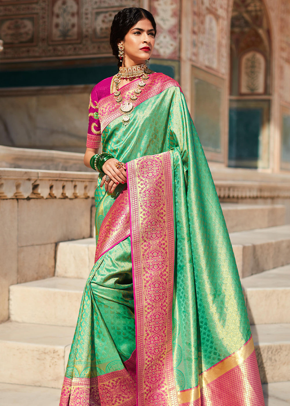 Buy MySilkLove Highland Green and Pink Woven Banarasi Soft Silk Designer Saree Online