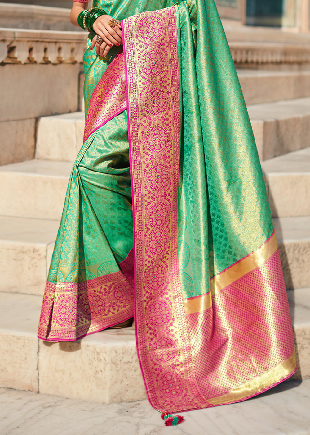 Buy MySilkLove Highland Green and Pink Woven Banarasi Soft Silk Designer Saree Online