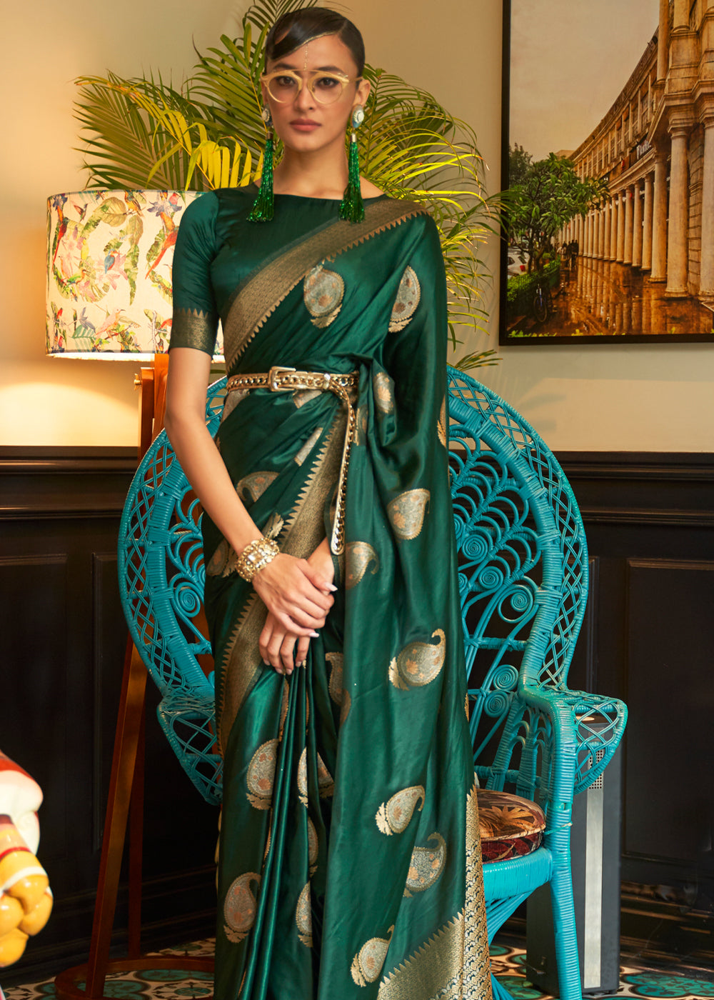 Buy MySilkLove William Green Woven Satin Silk Saree Online