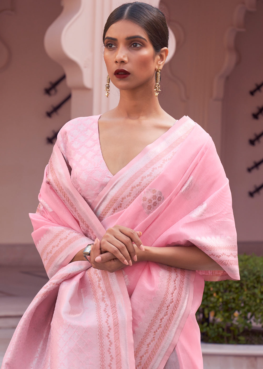 MySilkLove Melon Pink Woven Banarasi Linen Silk Saree