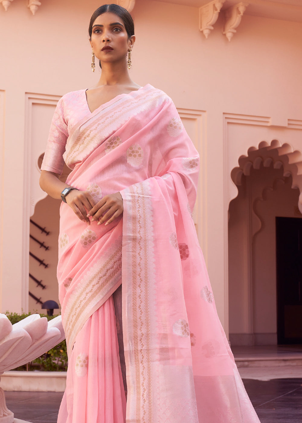 Buy MySilkLove Melon Pink Woven Banarasi Linen Silk Saree Online