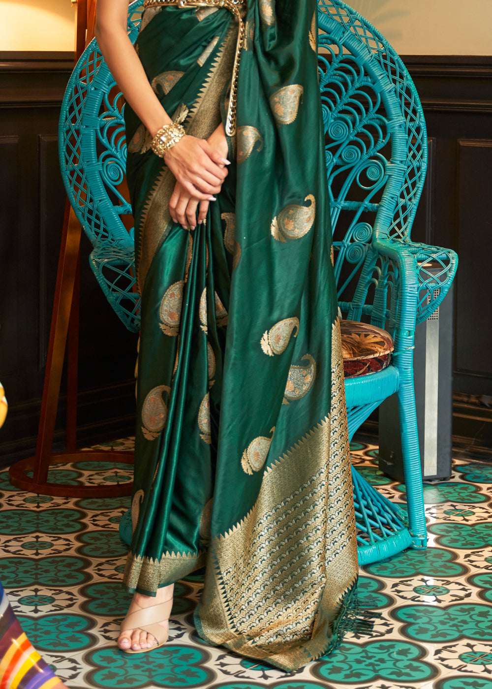 Buy MySilkLove William Green Woven Satin Silk Saree Online