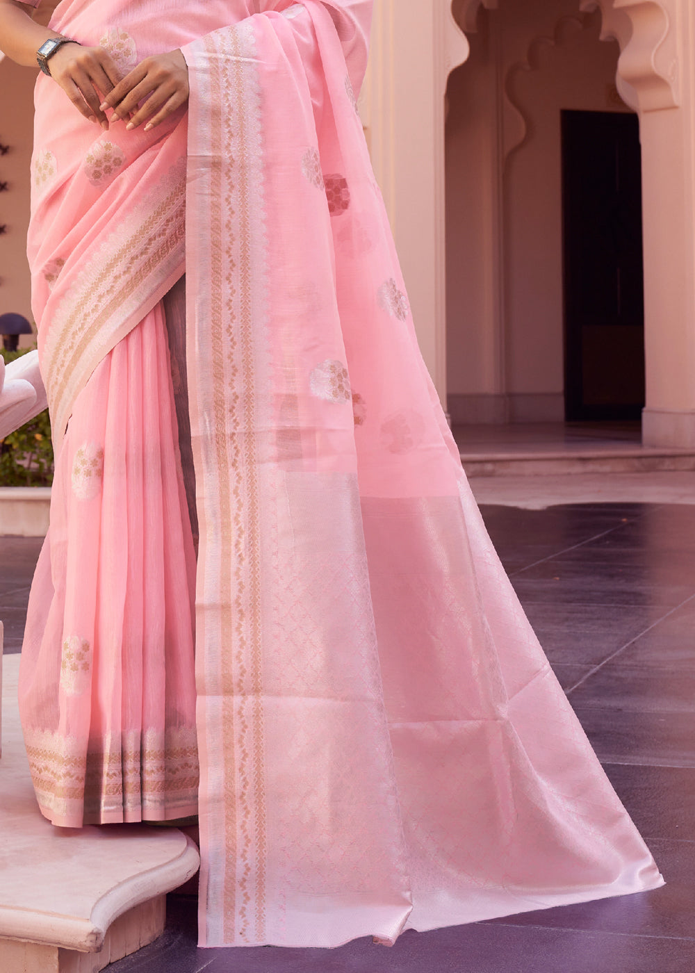 Buy MySilkLove Melon Pink Woven Banarasi Linen Silk Saree Online