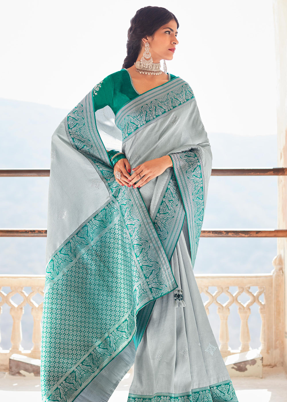 Buy MySilkLove Smoke Grey and Green Woven Banarasi Soft Silk Designer Saree Online