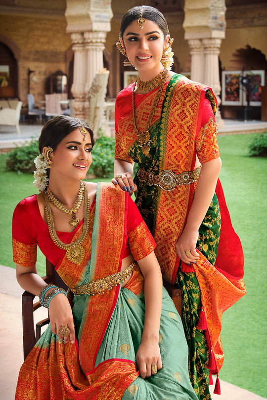 Buy MySilkLove Clover Green and Red Kanjivaram Saree Online