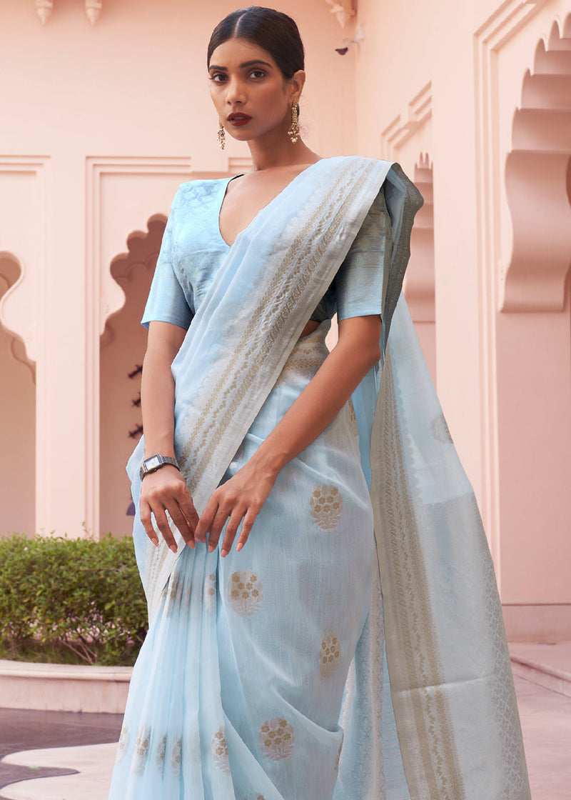 Heather Blue Woven Banarasi Linen Silk Saree