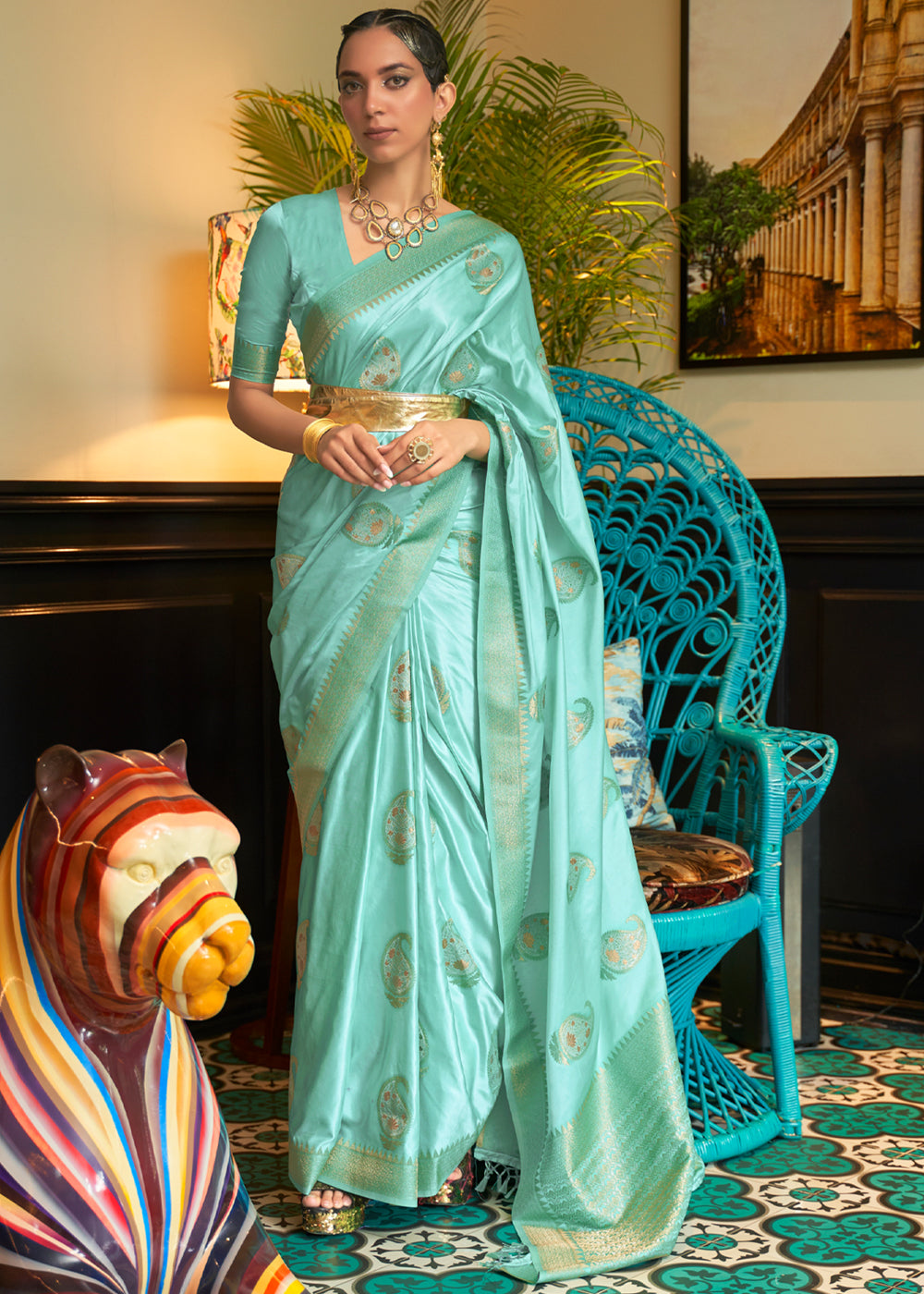 Buy MySilkLove Fringy Flower Blue Woven Satin Silk Saree Online