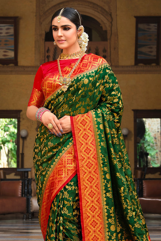 Buy MySilkLove Clover Green and Red Kanjivaram Saree Online