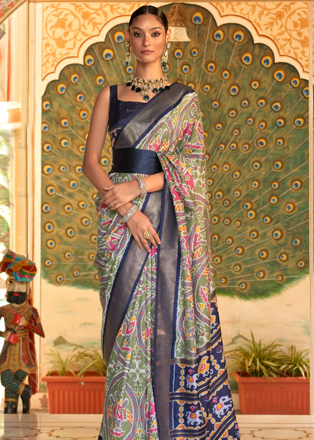 Buy MySilkLove Hurricane Grey and Blue Woven Patola Silk Saree Online