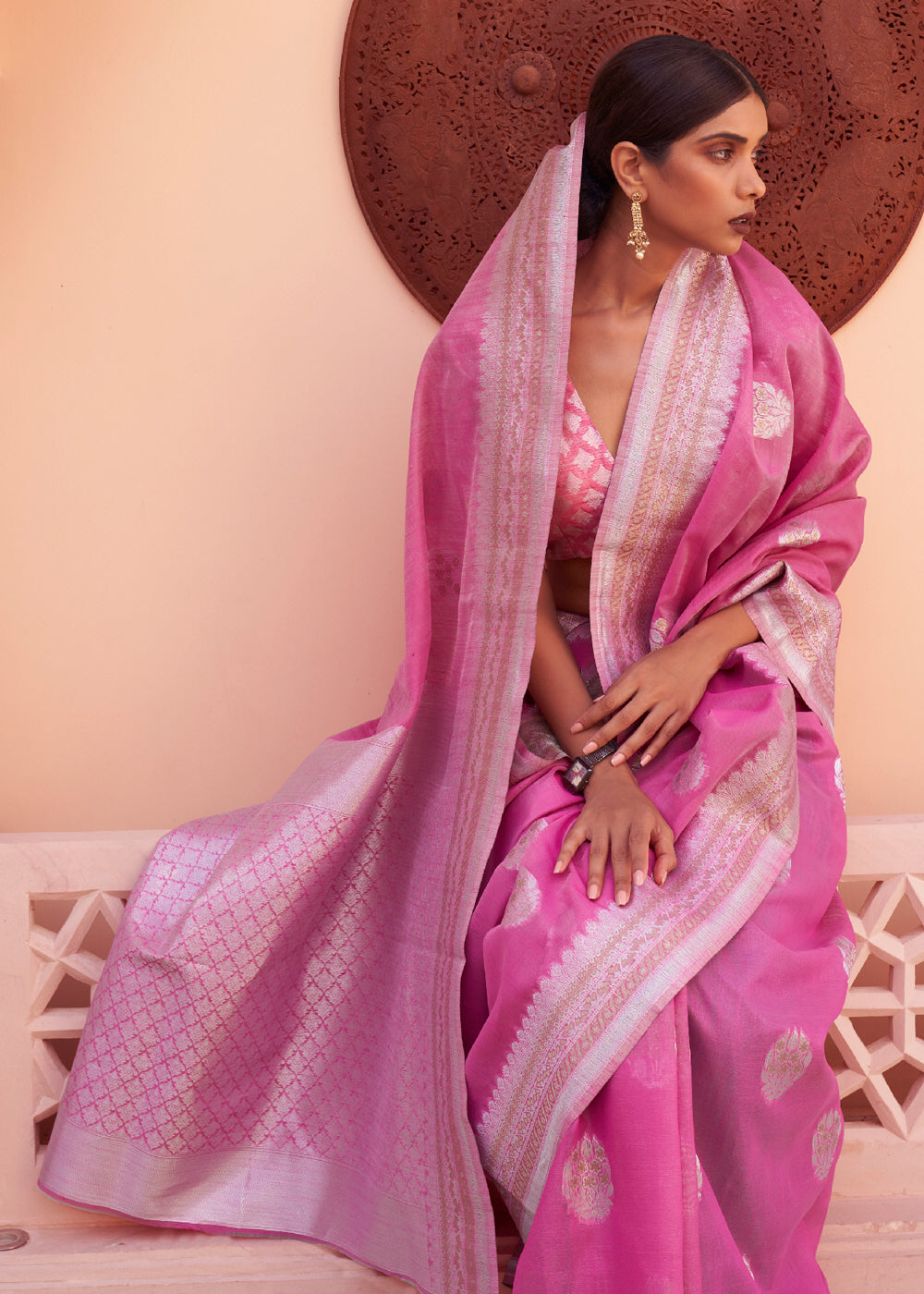 Buy MySilkLove Carnation Pink Woven Banarasi Linen Silk Saree Online