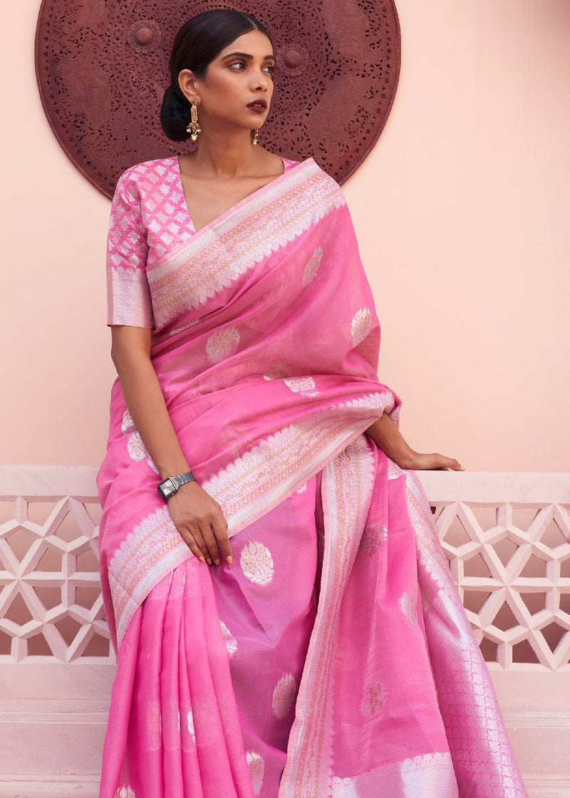 Carnation Pink Woven Banarasi Linen Silk Saree