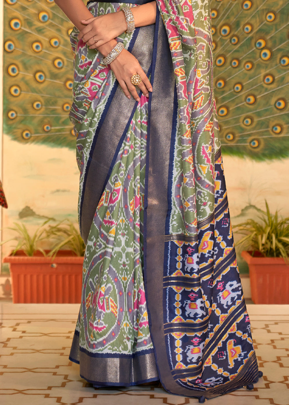 Buy MySilkLove Hurricane Grey and Blue Woven Patola Silk Saree Online