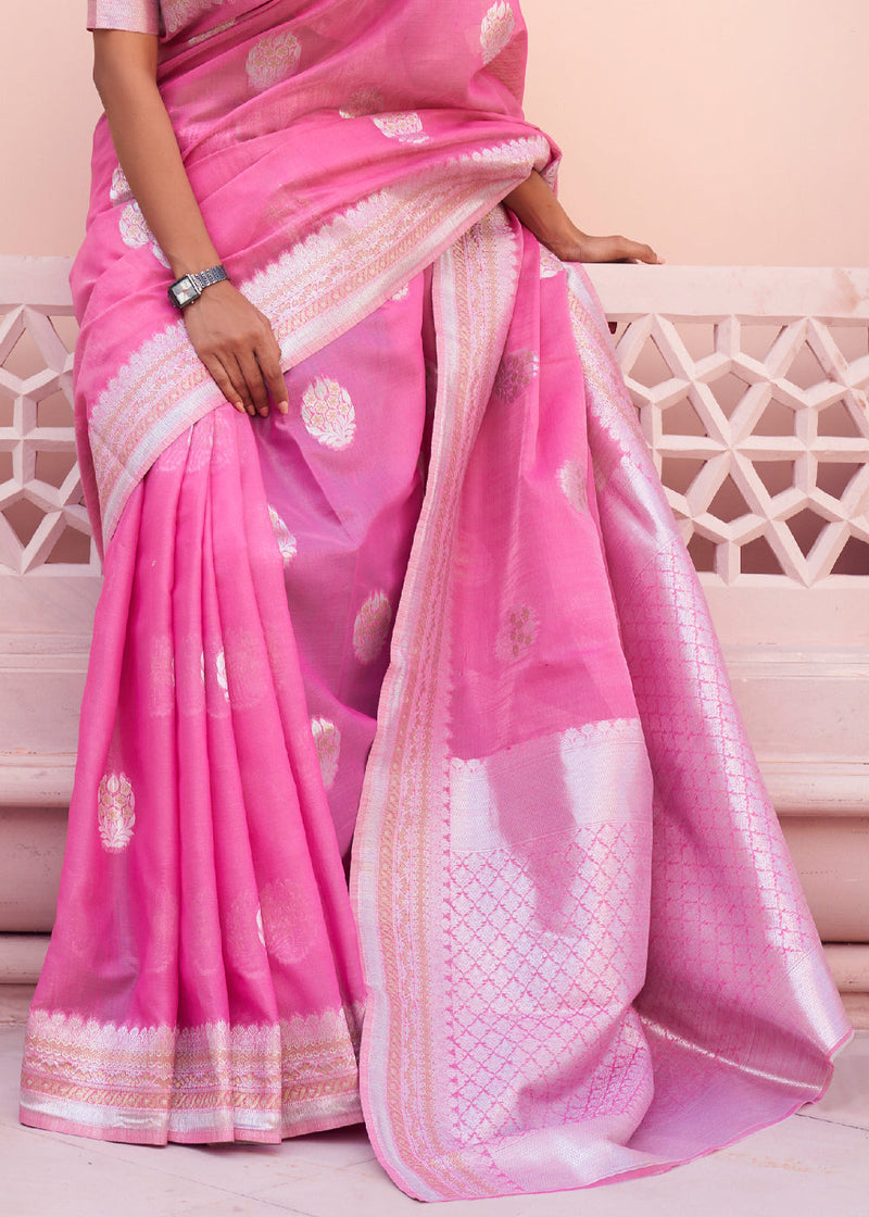 Carnation Pink Woven Banarasi Linen Silk Saree