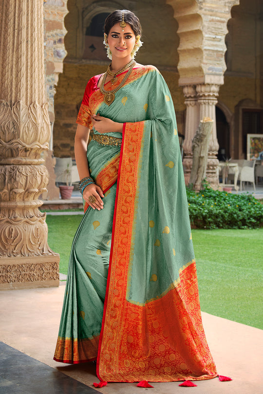 Buy MySilkLove Envy Blue and Red Kanjivaram Saree Online