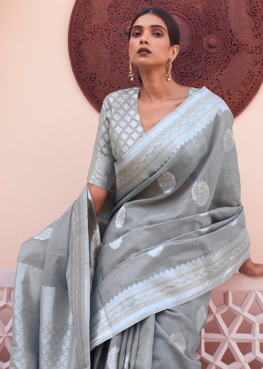 MySilkLove Jumbo Grey Woven Banarasi Linen Silk Saree