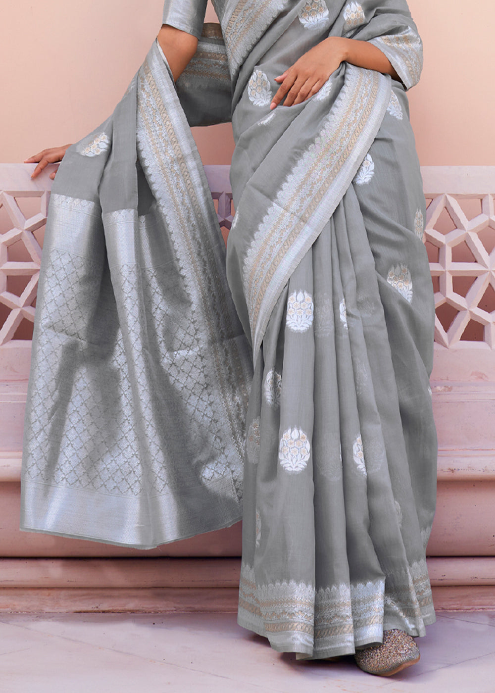 Buy MySilkLove Jumbo Grey Woven Banarasi Linen Silk Saree Online