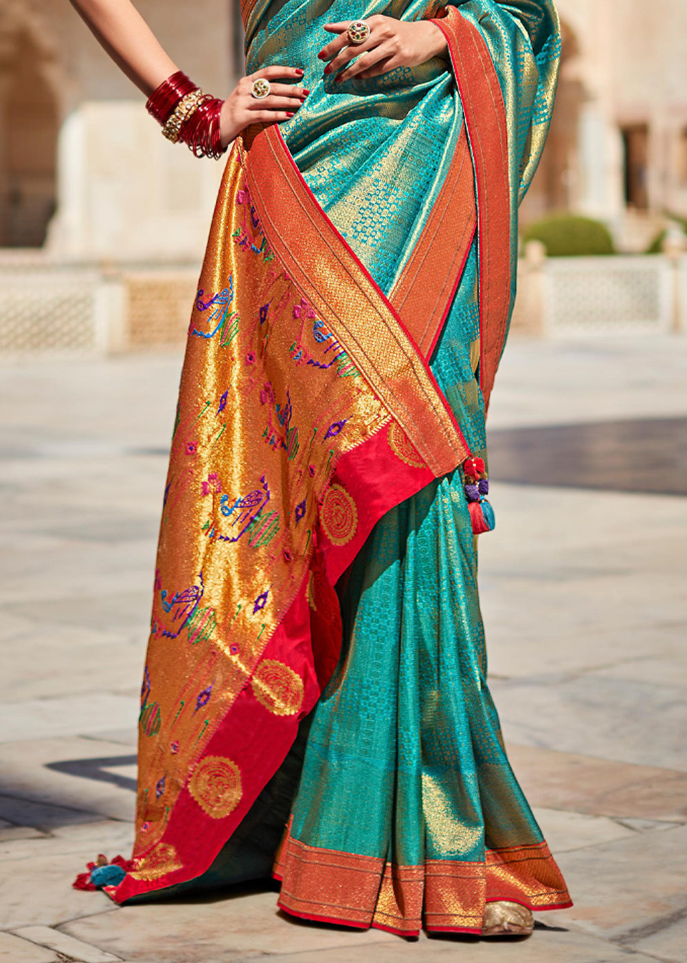 Buy MySilkLove Blue Chill and Red Woven Banarasi Soft Silk Designer Saree Online