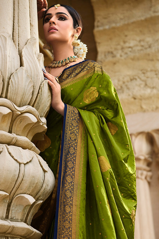 Buy MySilkLove Corn Harvest Green Kanjivaram Saree Online