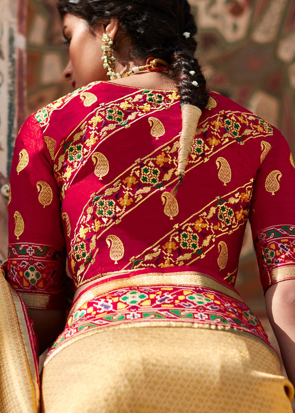 Buy MySilkLove Portafino Yellow and Red Woven Banarasi Soft Silk Designer Saree Online