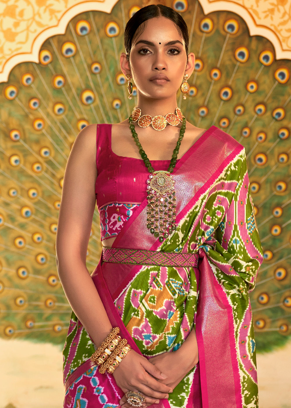 MySilkLove Sycamore Green and Pink Woven Patola Silk Saree