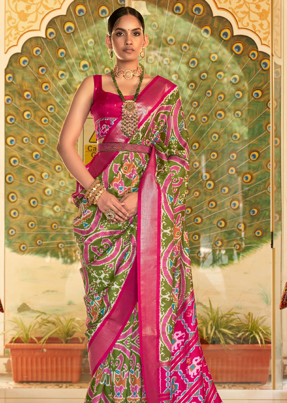 Buy MySilkLove Sycamore Green and Pink Woven Patola Silk Saree Online