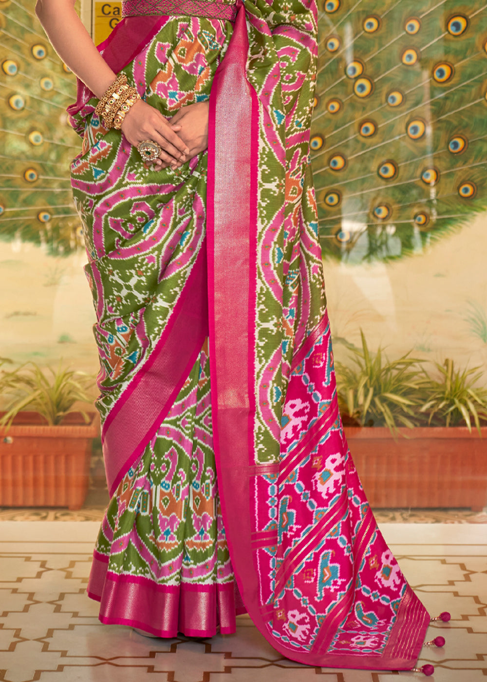 Buy MySilkLove Sycamore Green and Pink Woven Patola Silk Saree Online