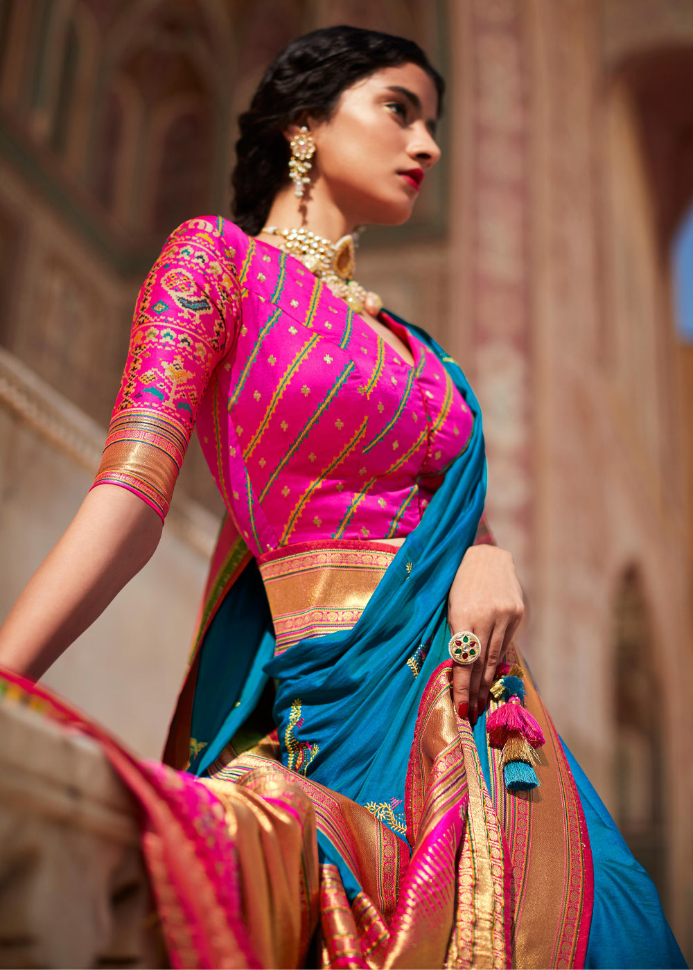 Buy MySilkLove Allports Blue and Pink Woven Banarasi Soft Silk Designer Saree Online