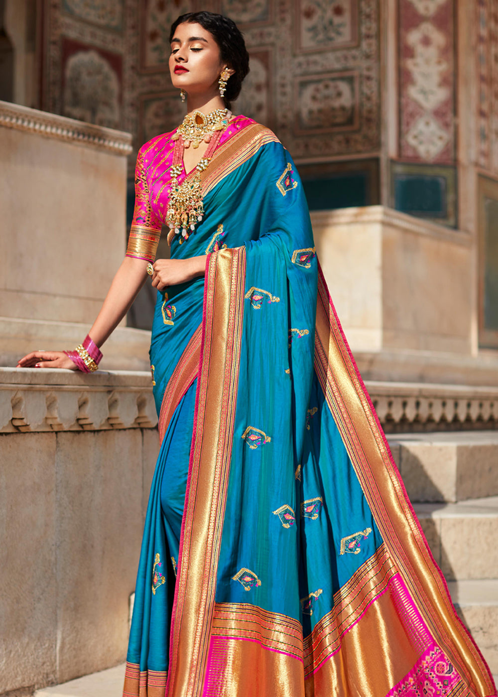 Buy MySilkLove Allports Blue and Pink Woven Banarasi Soft Silk Designer Saree Online