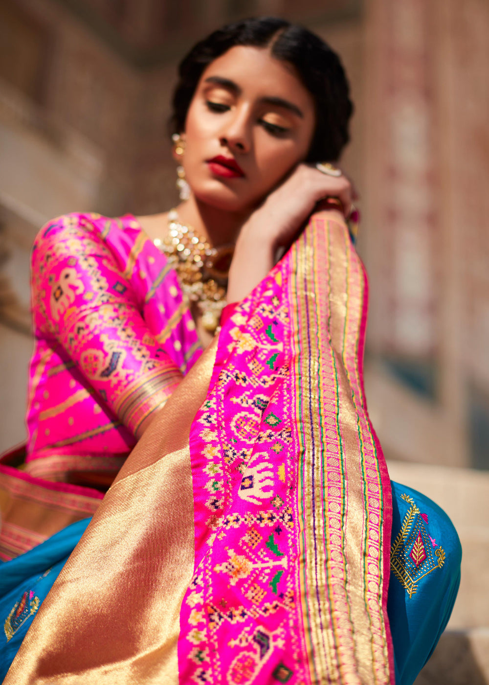 MySilkLove Allports Blue and Pink Woven Banarasi Soft Silk Designer Saree