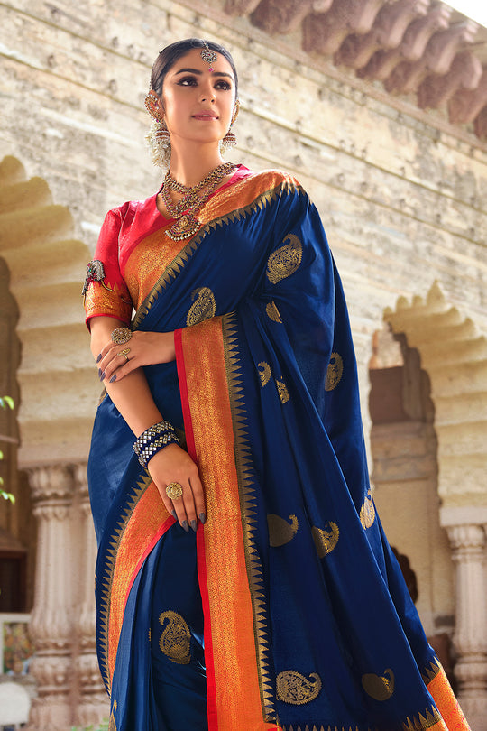 Buy MySilkLove Bunting Blue and Red Kanjivaram Saree Online