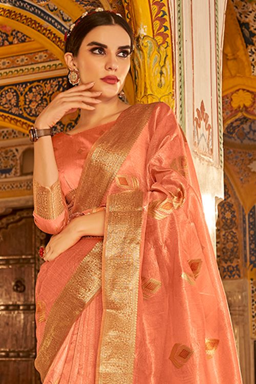 Buy MySilkLove Mandarin Peach Handloom Banarasi Silk Saree Online