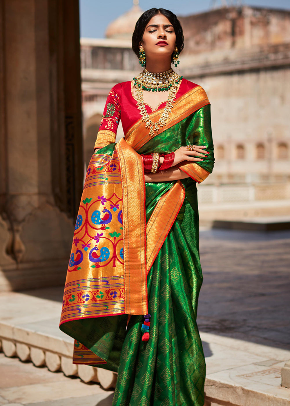 Buy MySilkLove Hippie Green Woven Banarasi Soft Silk Designer Saree Online