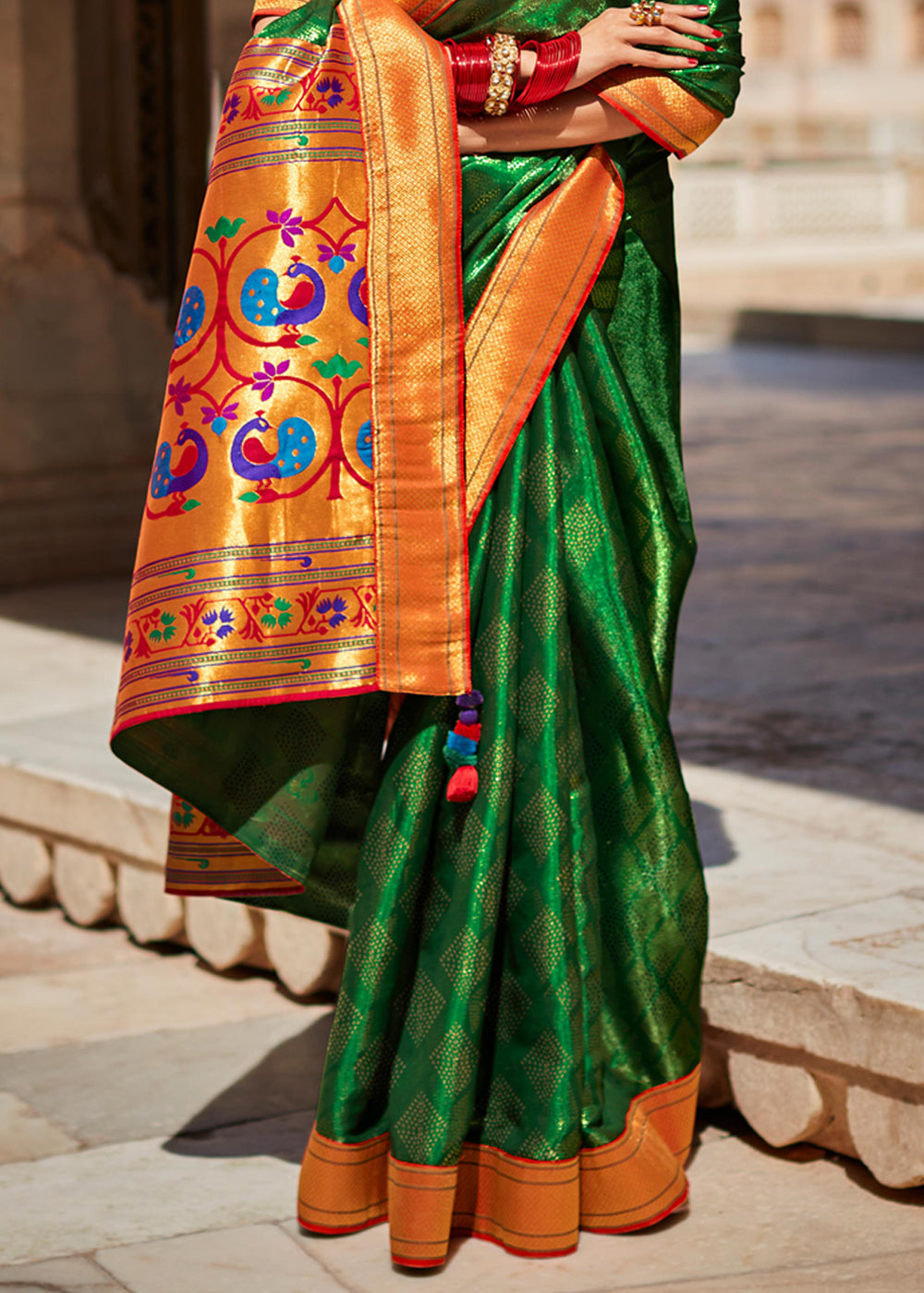 Buy MySilkLove Hippie Green Woven Banarasi Soft Silk Designer Saree Online